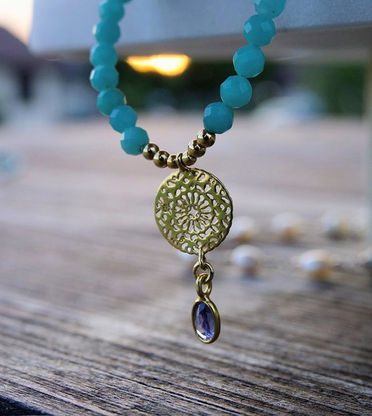 złote naszyjniki Lśniący tanzanit z amazonitami, ekskluzywny naszyjnik