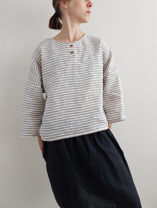 bluzki z długim rękawem damskie Bluzka "ZORZA" paski mocha, 100% len