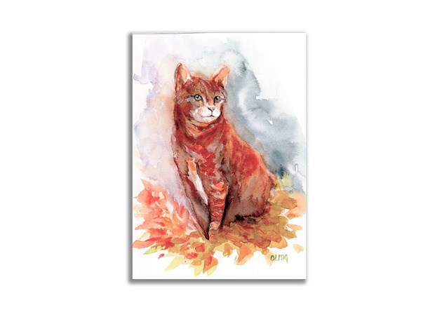 grafiki i ilustracje Obraz ręcznie malowany "Rudy kotek"
