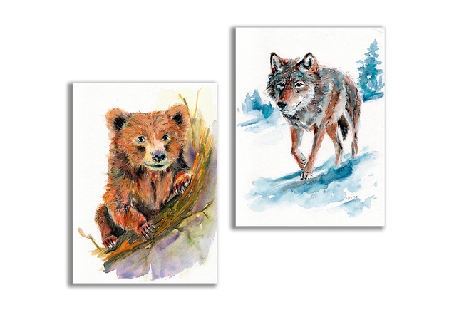 grafiki i ilustracje Obraz ręcznie malowany "Wilk i niedźwiedź" zestaw  2szt