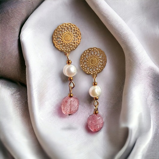 kolczyki z kamieniami Kwarc truskawkowy & PERŁY - kolczyki na ozdobnych sztyftach