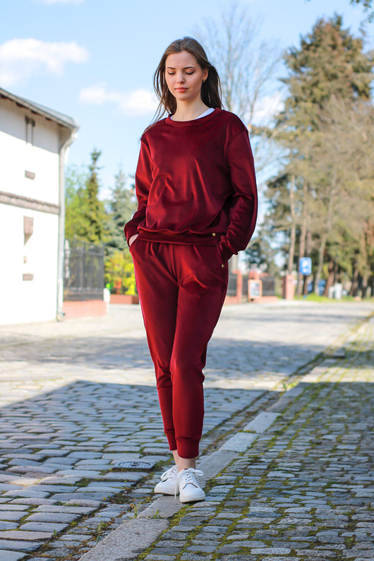 komplety damskie Dres komplet damski welurowy bordowy