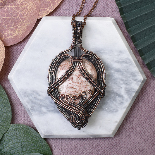 wisiory Miedziany wisiorek wire wrapping z agatem Crazy Lace #424