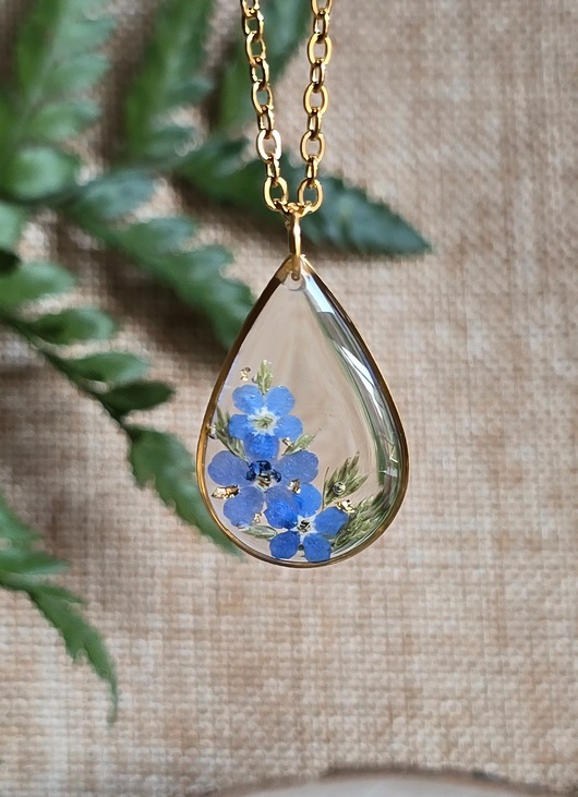 wisiory Złoty wisiorek prawdziwe kwiaty zawieszka łezka łza niezapominajki
