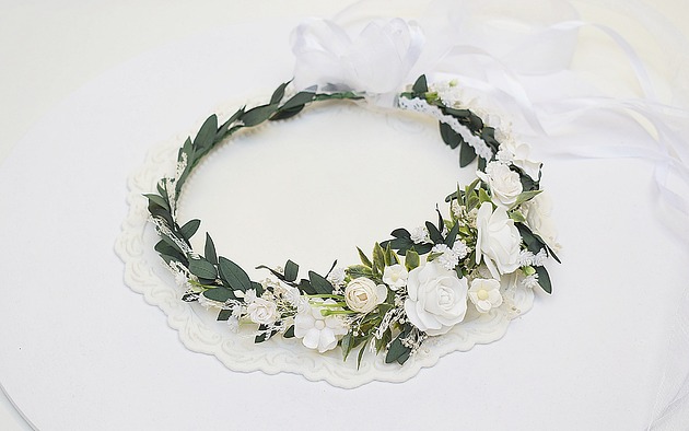 wianki komunijne Wianek komunijny dla dziewczynki biel, ivory,  zieleń.