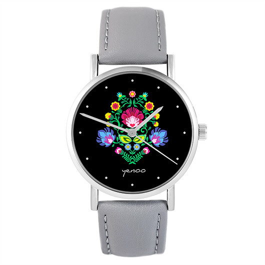 zegarki damskie Zegarek - Folkowy, czarny - szary, skórzany