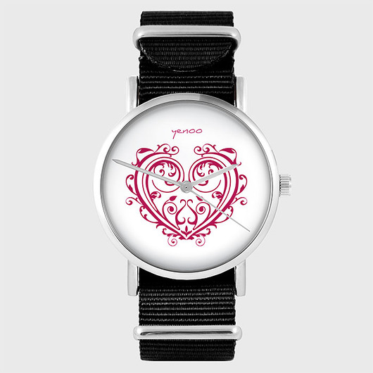 zegarki damskie Zegarek - Serce ornamentowe - czarny, nylon
