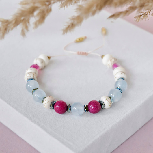 bransoletki z kamieni naturalnych Bransoletka z naturalnych kamieni - mix, makrama (niebieska)