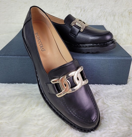 półbuty damskie Mokasyny Skórzane czarne  (7139)