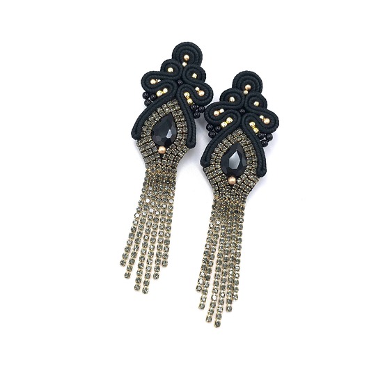 kolczyki soutache Kolczyki sutasz czarne złote z cyrkoniami Lilla długie błyszczące