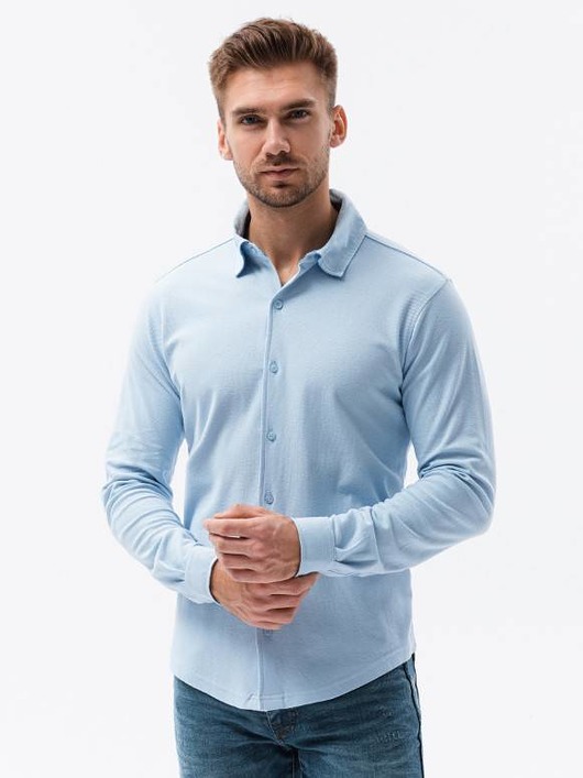 koszule męskie Koszula męska dzianinowa z długim rękawem - niebieska V3 K540