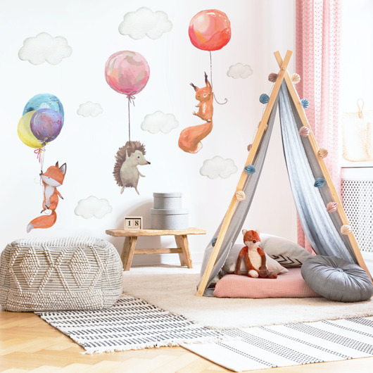 naklejki ścienne do pokoju dziecka Naklejki dla dzieci na ścianę Lisek Jeż Balony