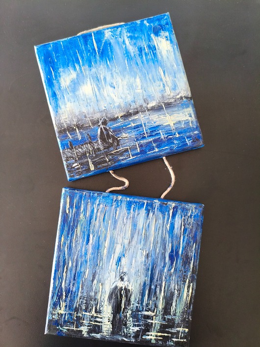 obrazy W Deszczu Komplet Obrazy Olejne 2x 20x20 Impasto Para