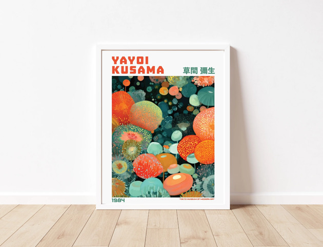 plakaty PLAKAT dekoracyjny , kwiaty Yayoi Kusama, łąka abstrakcyjna