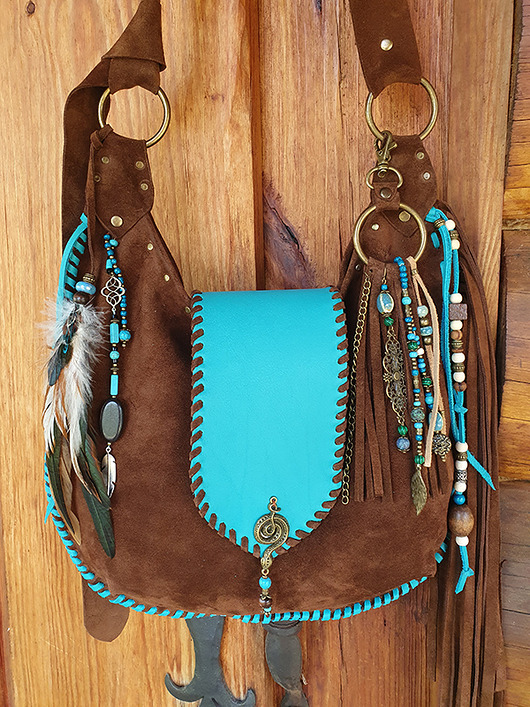 torby na ramię Zgrabna skórzana torba indiańska, czekoladowy brąz i turkus