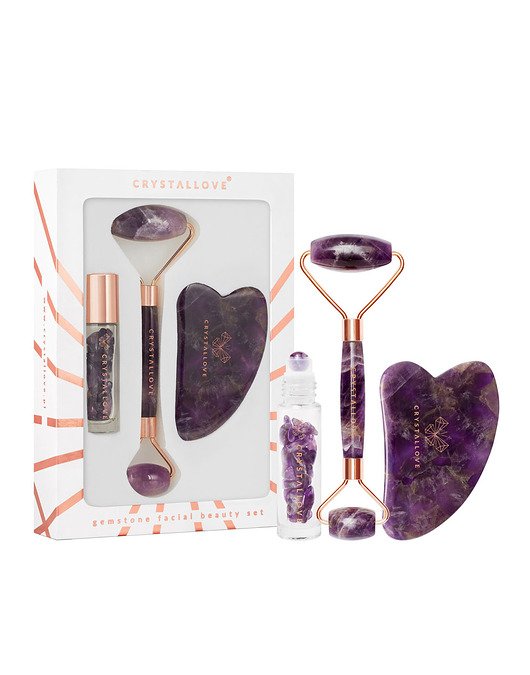 akcesoria dla niej CRYSTALLOVE Amethyst beauty set : roller + gua sha