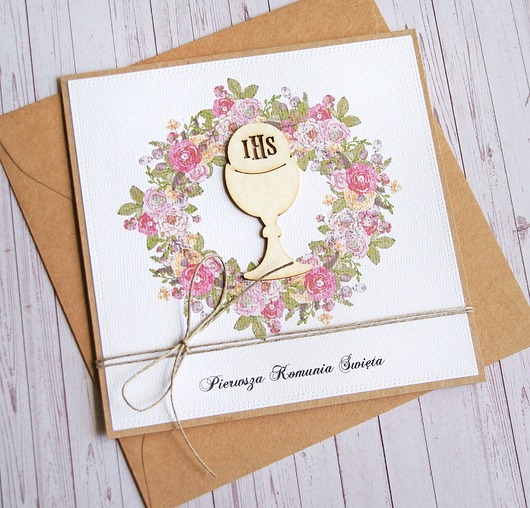 kartki na komunię Kartka z życzeniami : I Komunia Święta : wianek różowy : hostia