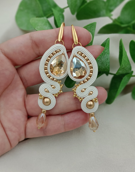 kolczyki soutache Długie złote kolczyki, śmietankowe kolczyki, kolczyki na ślub