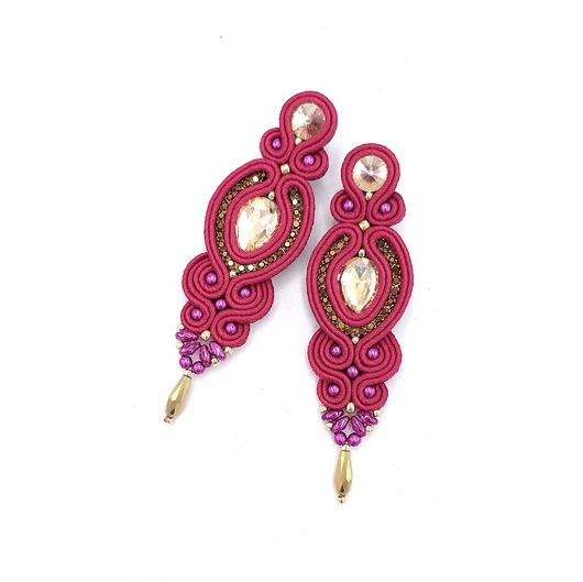 kolczyki soutache Kolczyki sutasz różowe ze złotem Ismara wieczorowe z kryształkami