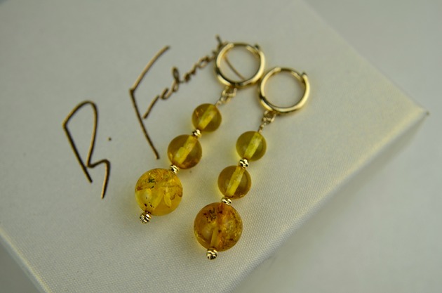 kolczyki złote Złote kolczyki wiszące z bursztynem pr. 585