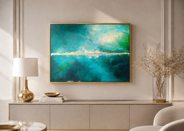 obrazy EMERALD HORIZON nowoczesna abstrakcja z elementami złota (50x70 cm)
