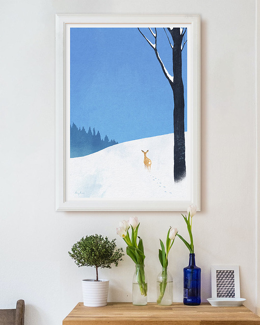 plakaty Zima w lesie / Sarna na śniegu - plakat 50x70 cm