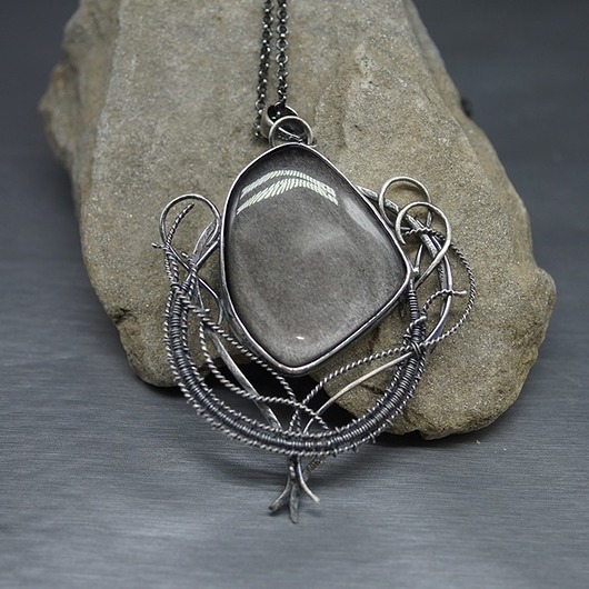 wisiory Duży obsydian wisior wire wrapping "Ollimine"