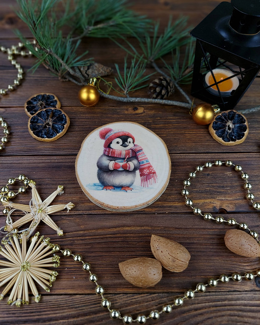 ozdoby choinkowe Brzozowa podkładka pod kubek, świąteczna zawieszka - pingwinek