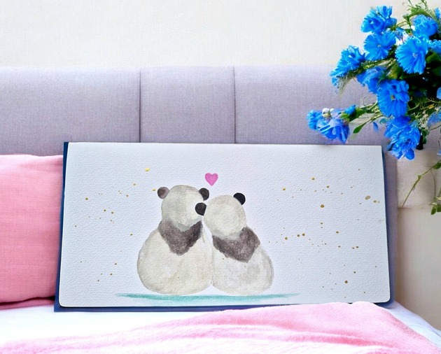 kartki scrapbooking Kartka ręcznie malowana na Walentynki z pandami