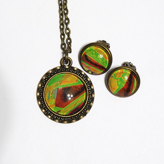klipsy Naszyjnik i klipsy - komplet - Kolorowa abstrakcja 2, brąz