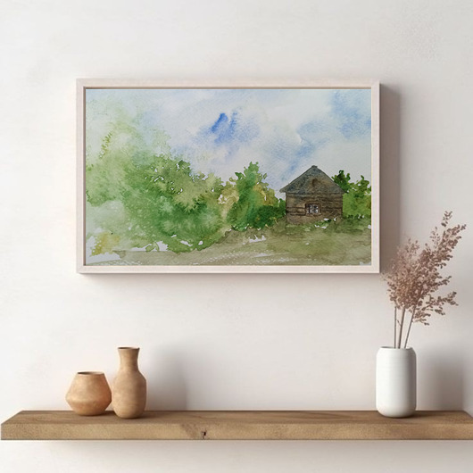 obrazy WYPRZEDAŻ SZTUKI! Akwarela Wieś oryginalny obraz 300g 18x30 cm