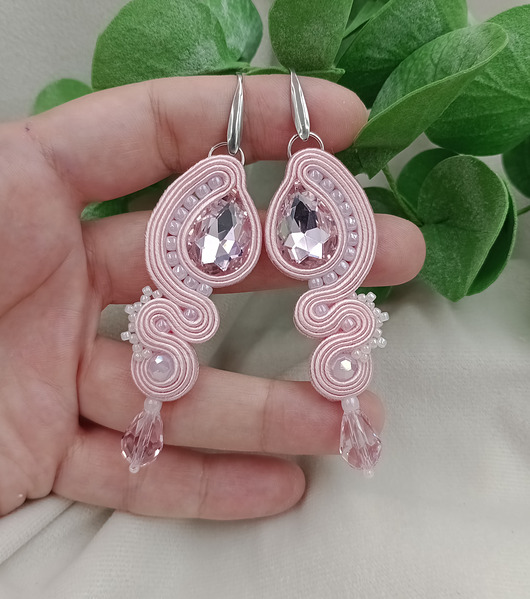 kolczyki soutache Długie kolczyki soutache na wesele, kolczyki jasny pudrowy róż