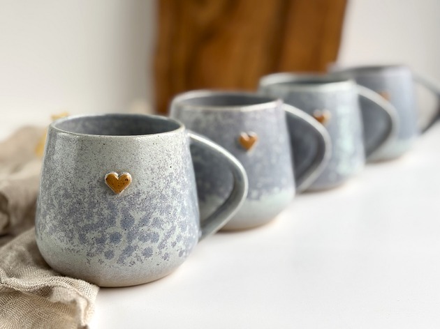 kubki Kubek Beczułka ręcznie robiony 320 ml  - Szara lawenda z sercem