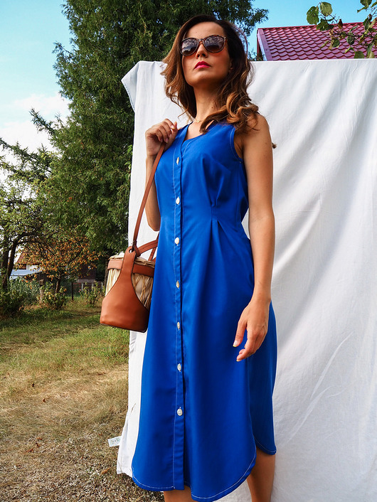sukienki midi damskie SANTORINI niebieska sukienka z tencelu
