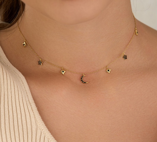 złote naszyjniki Choker/ naszyjnik czarne cyrkonie - srebro 925 pozłacane