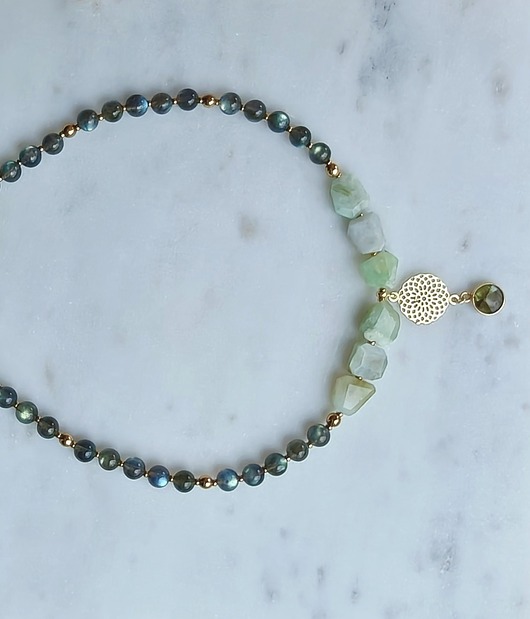 złote naszyjniki Naszyjnik z opalizacją - chryzopraz i labradoryt