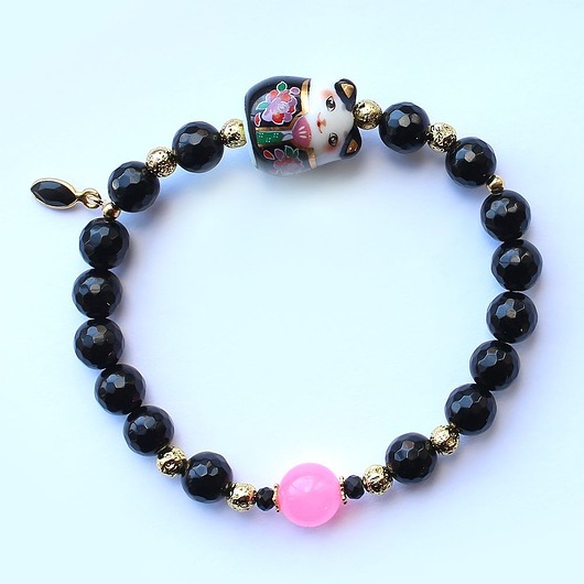 bransoletki złote Unikat maneki neko - onyks, spinel, chalcedon, lawa