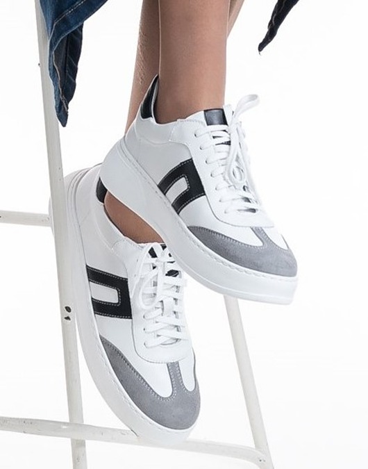 sneakersy damskie Sneakersy skórzane -  biało/czarne/popiel  (7205)