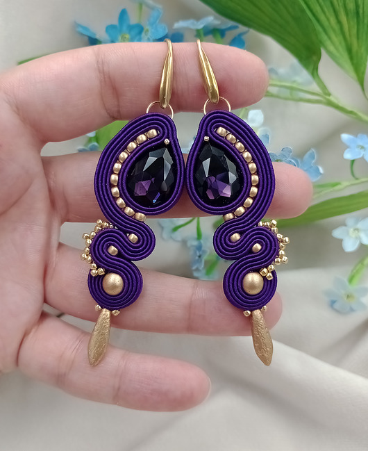 kolczyki soutache Długie kolczyki sutasz na wesele, fioletowe ciemnofioletowe kolczyki