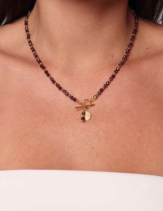 naszyjniki - inne Naszyjnik z kamieni naturalnych granat i kwarc dymny toggle