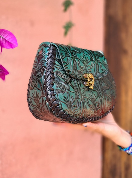 torby na ramię Torebka skórzana Julia ciemnozielona kwiaty ręcznie robiona