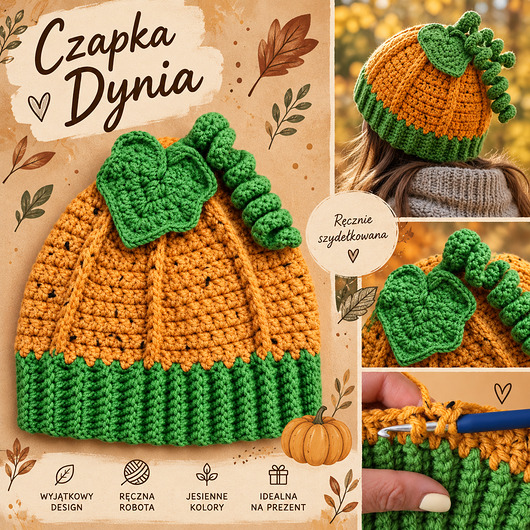 czapki damskie Czapka Dynia ręcznie szydełkowana czapka z listkiem