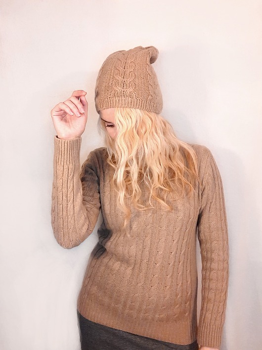 czapki damskie Kaszmirowa czapka- czapka z kaszmiru 100% beżowa warkocz