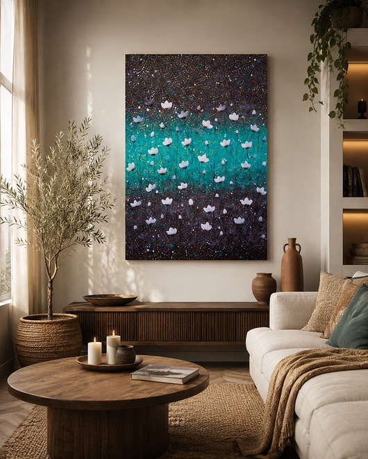 obrazy Obraz na płótnie 50x70cm. Białe kwiaty na turkusie