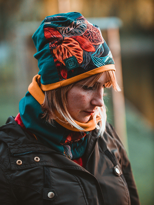 czapki damskie Ciepły komplet damski czapka z kominem 2w1 KWIATY LASU