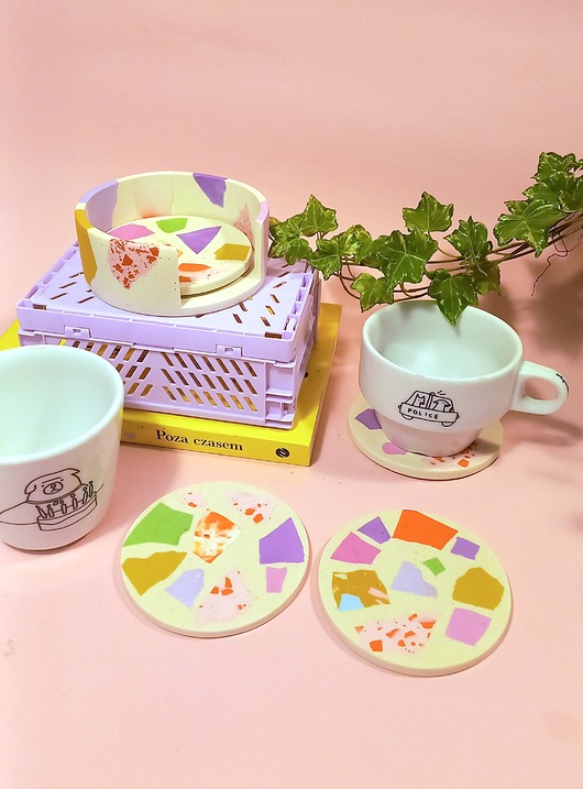 podkładki do kuchni Kolorowa podkładka pod kubek, zestaw, organizer, biała, duże lastryko, 9 cm