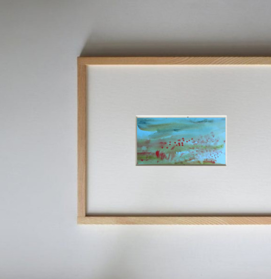 obrazy Akwarela Pejzaż maki oryginalny obraz niebieski papier 10,5x22 cm