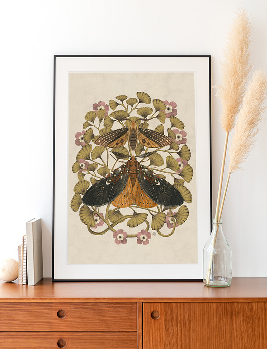 grafiki i ilustracje Moths & Maidenhair Fern, ćmy plakat, plakat botaniczny, adiantum,
