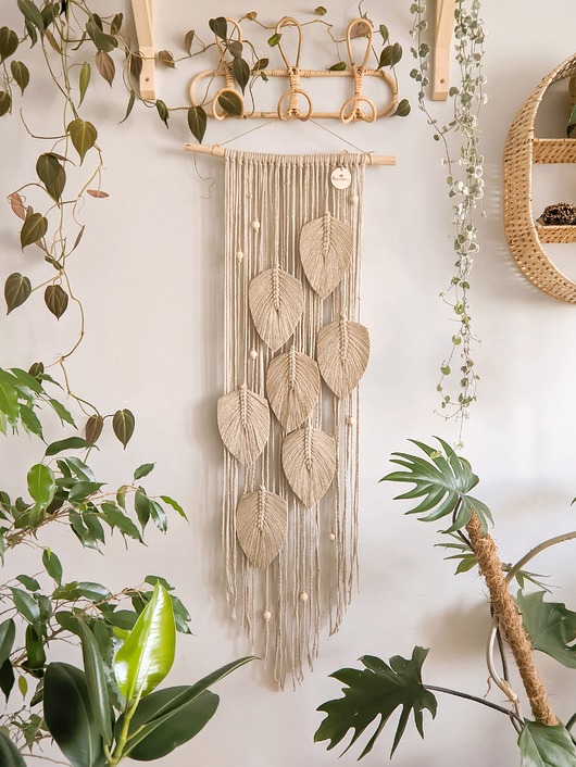 makramy Makrama, plecione piórka listki, dekoracja na ścianę w stylu boho