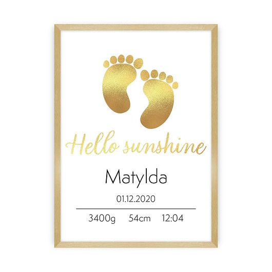 obrazy i plakaty do pokoju dziecięcego Metryczka Hello Sunshine gold 30x40cm